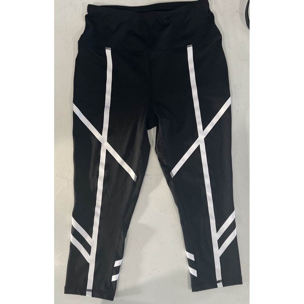 C&C California‎ Leggings Medium Black w/White Stripes Polyester/Spandex